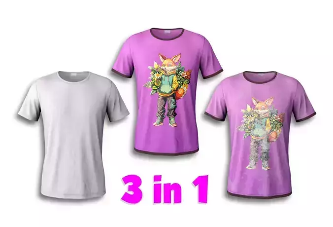 Pink T-shirt 3D model with good topology 3 in1  Low-poly 3D model