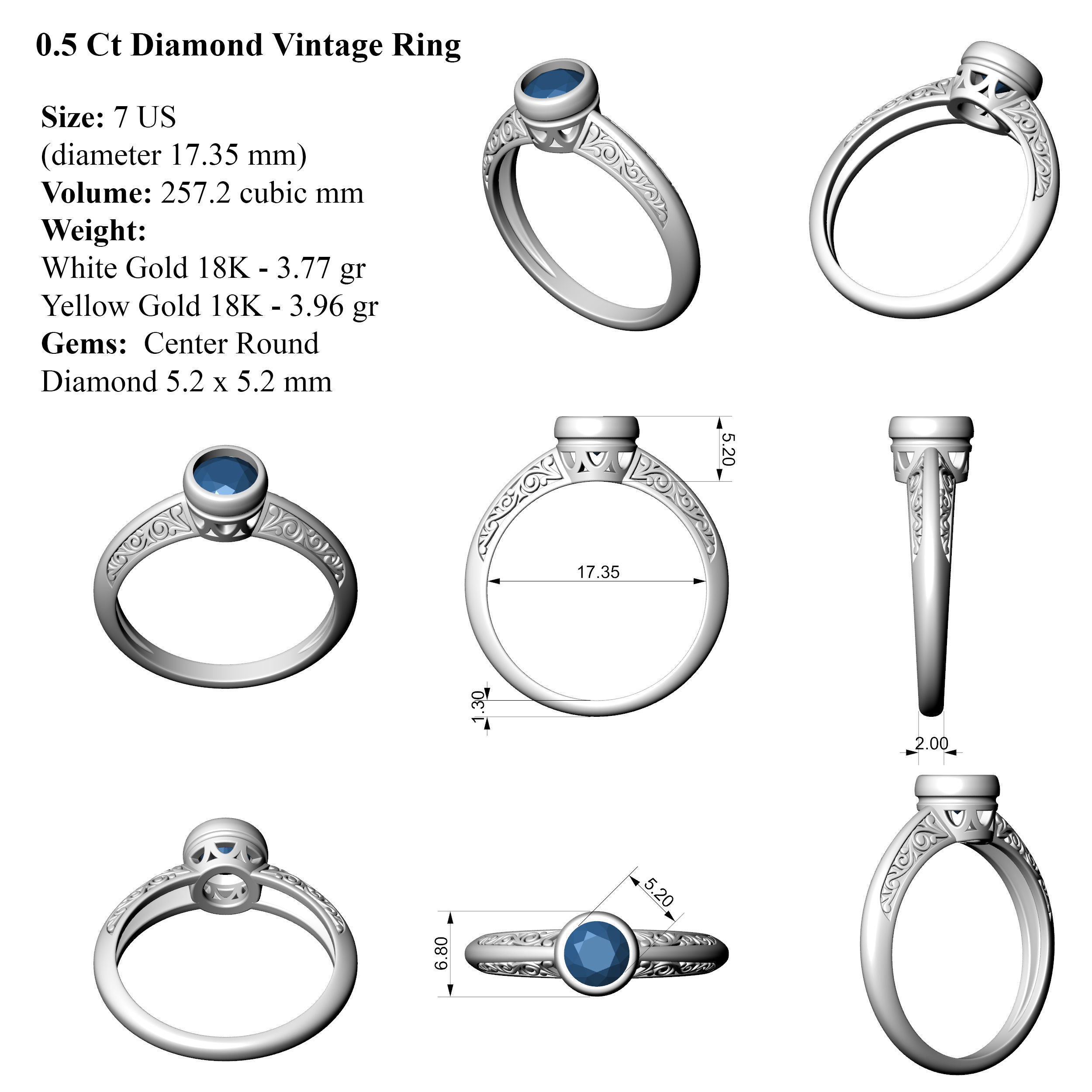 Vintage Ring with Diamond in Bezel 3D print model_4