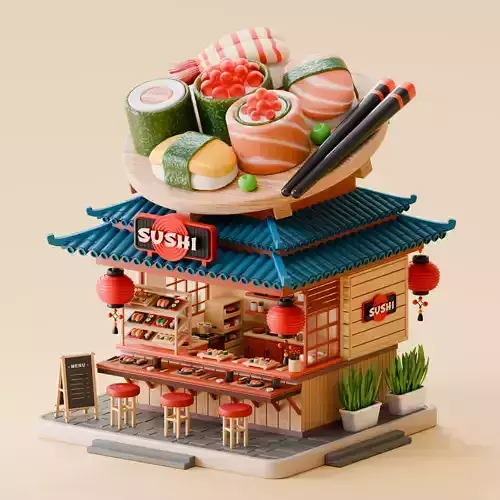  Isometric Authentic Japan Sushi Restaurant 3D model