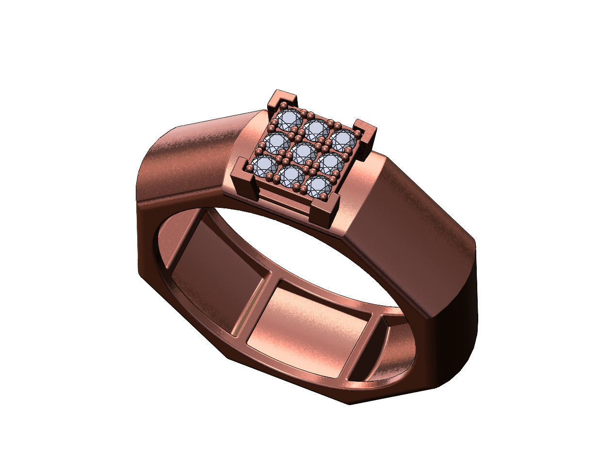 Square diamond cluster dome 8 facetes ring US sizes 7to12 3D print model_9