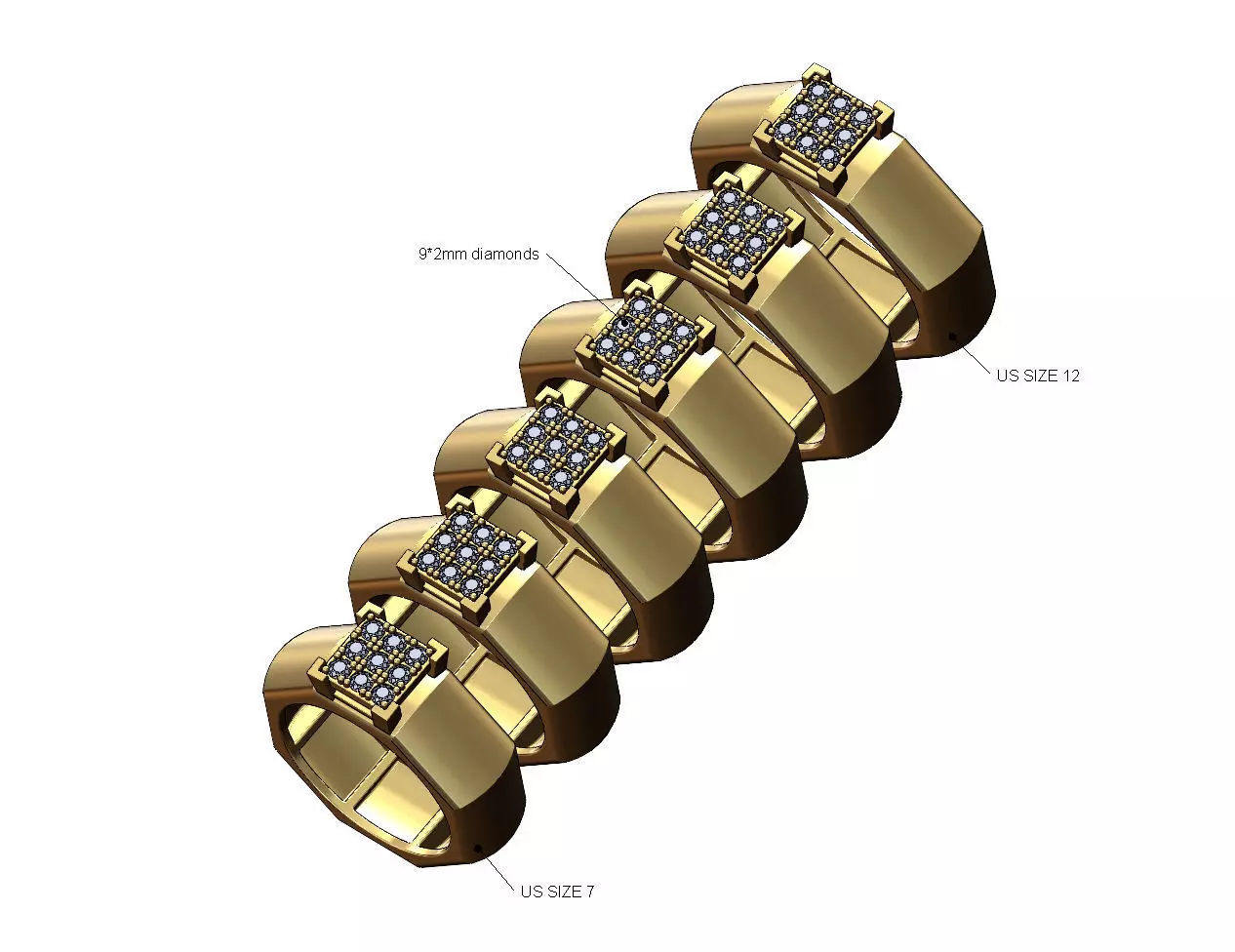 Square diamond cluster dome 8 facetes ring US sizes 7to12 3D print model_0