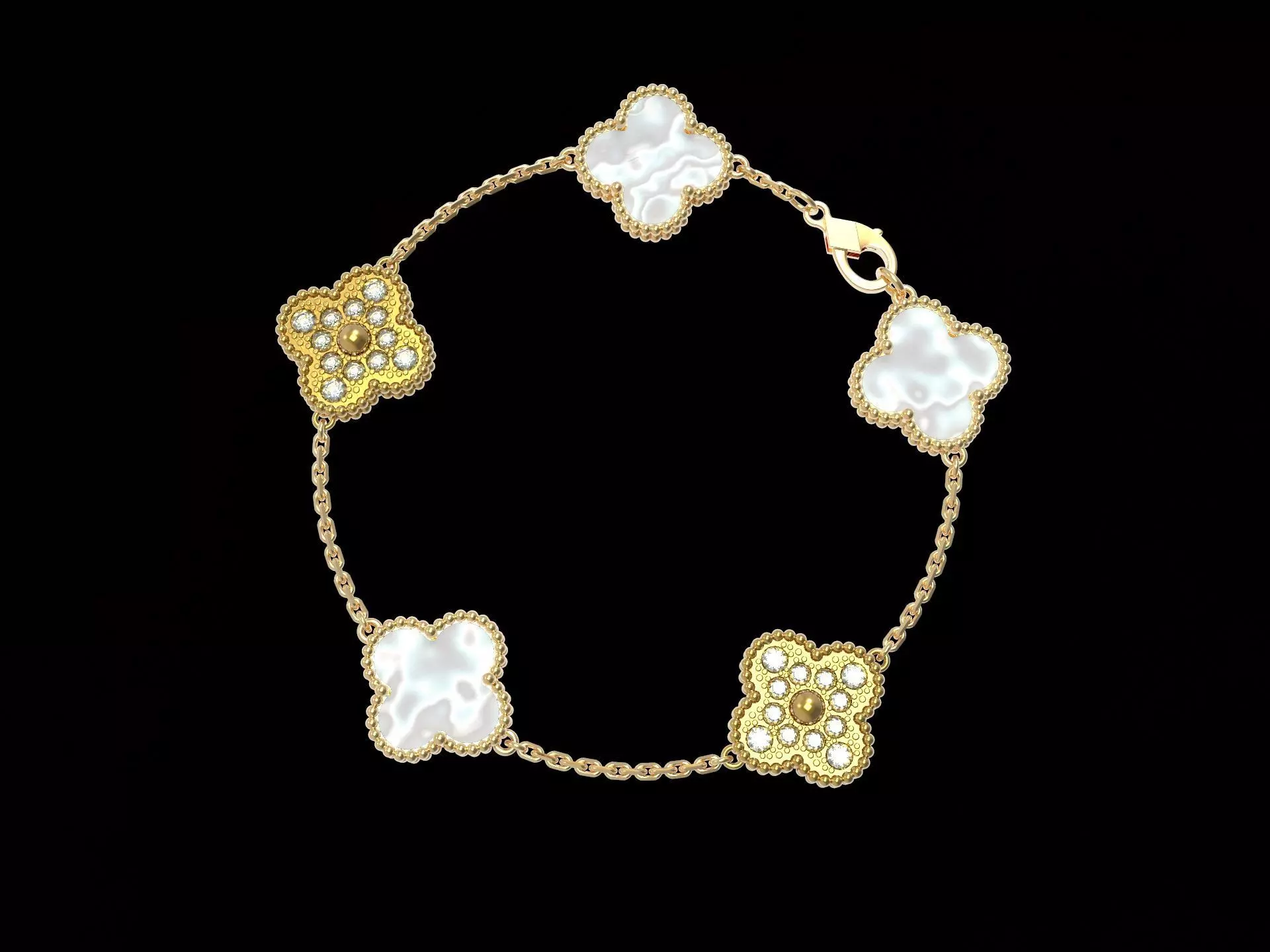 Vintage Flower Bracelet with Mother Of Pearl and Diamond Paved 3D print model_0