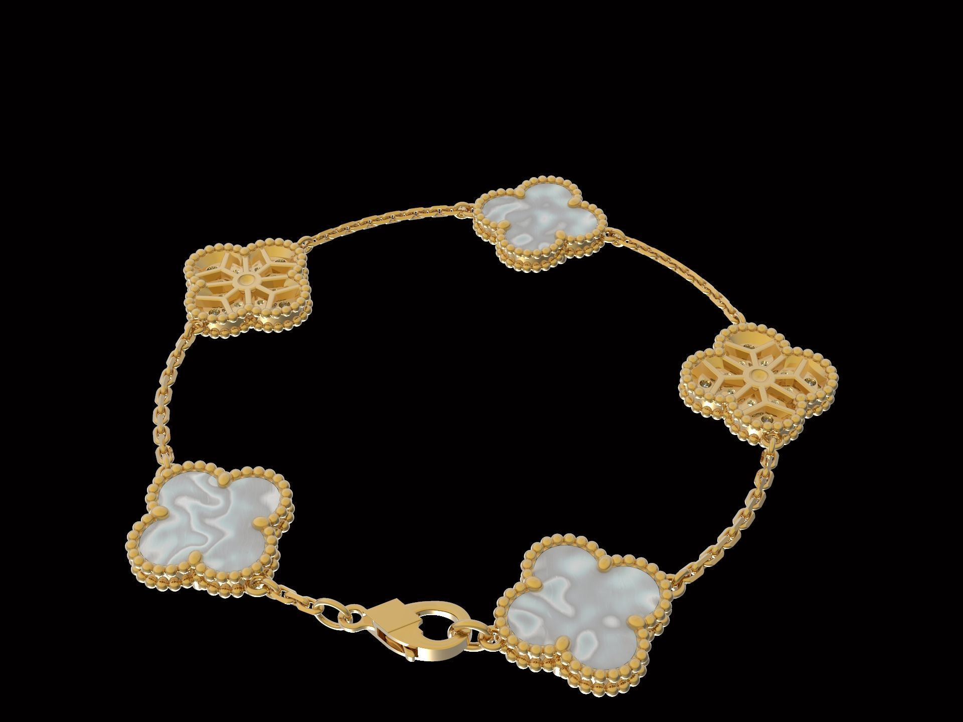 Vintage Flower Bracelet with Mother Of Pearl and Diamond Paved 3D print model_5