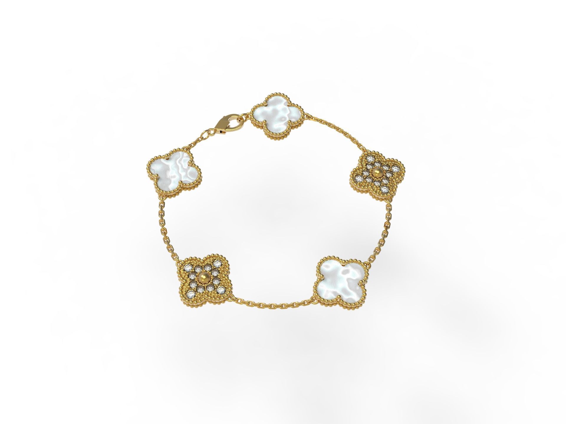 Vintage Flower Bracelet with Mother Of Pearl and Diamond Paved 3D print model_4