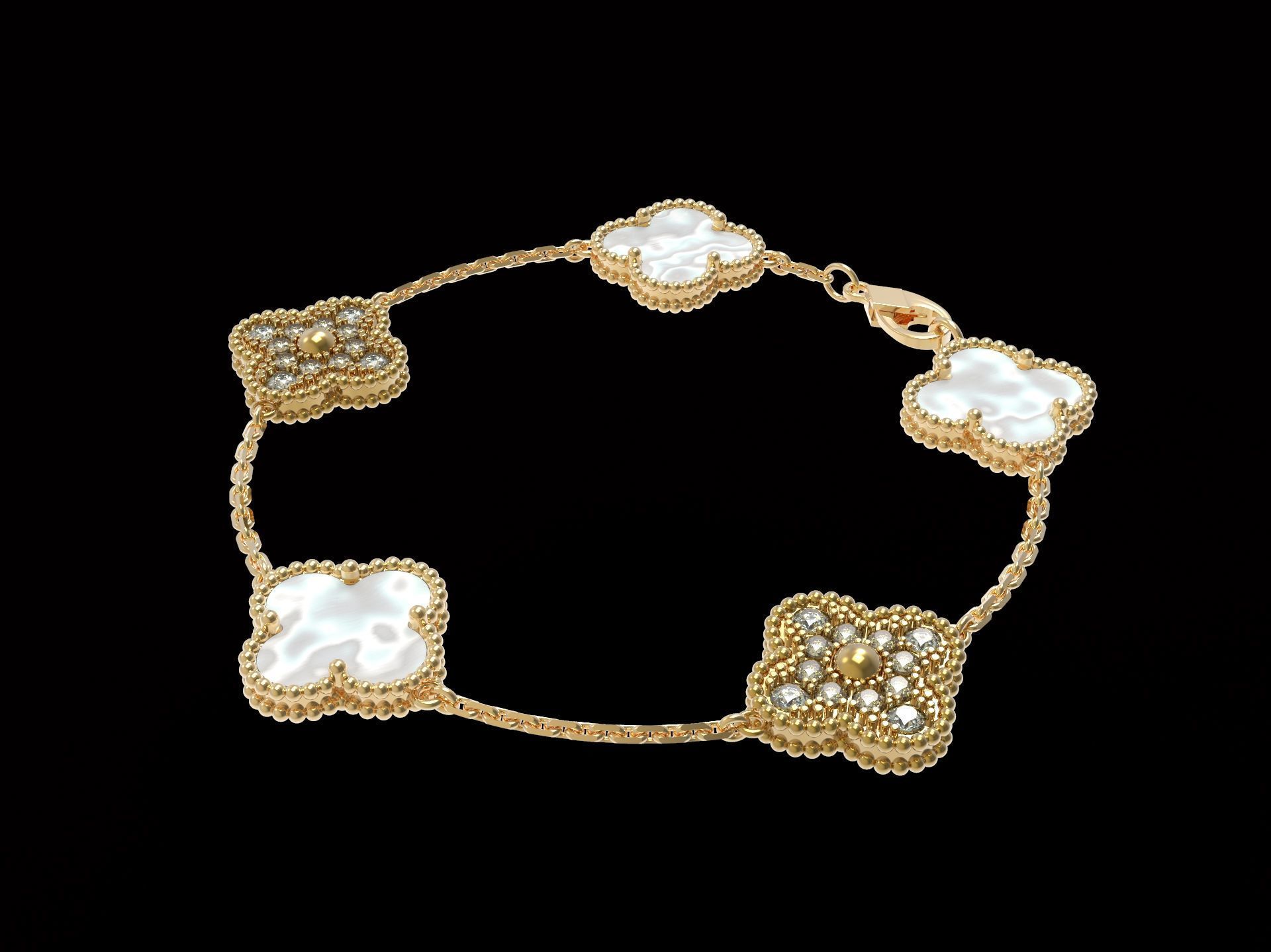 Vintage Flower Bracelet with Mother Of Pearl and Diamond Paved 3D print model_2