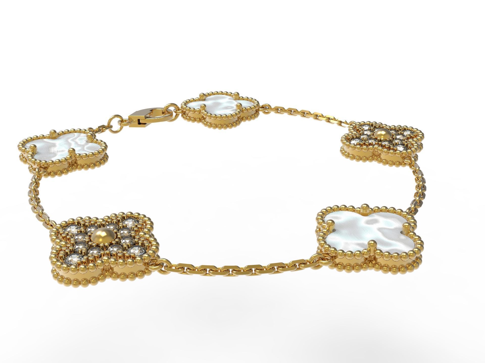Vintage Flower Bracelet with Mother Of Pearl and Diamond Paved 3D print model_1