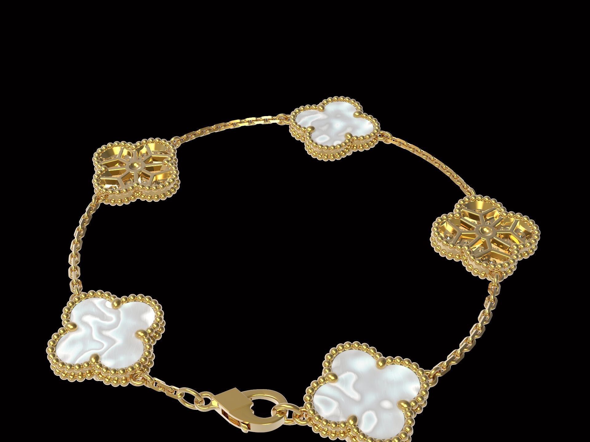 Vintage Flower Bracelet with Mother Of Pearl and Diamond Paved 3D print model_3