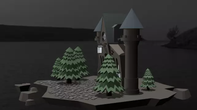 Stylized medieval Castle with Snowy Pines Low Ply 3d Model Low-poly 3D model_0