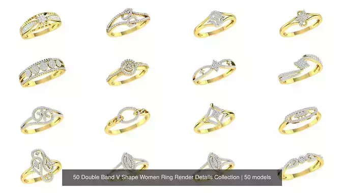 50 Double Band V Shape Women Ring Render Details Collection