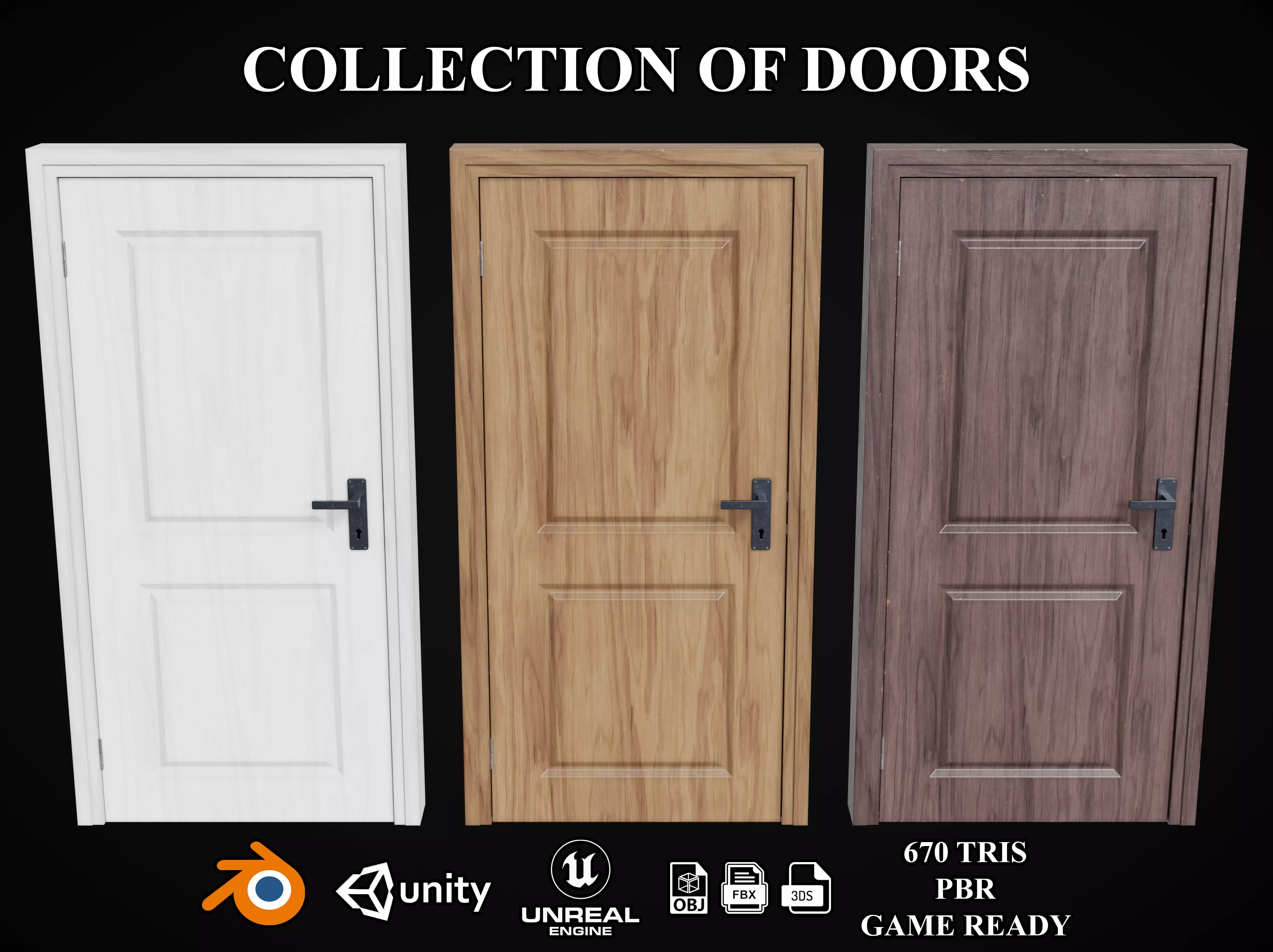 Collection of wooden doors Low-poly 3D model_0