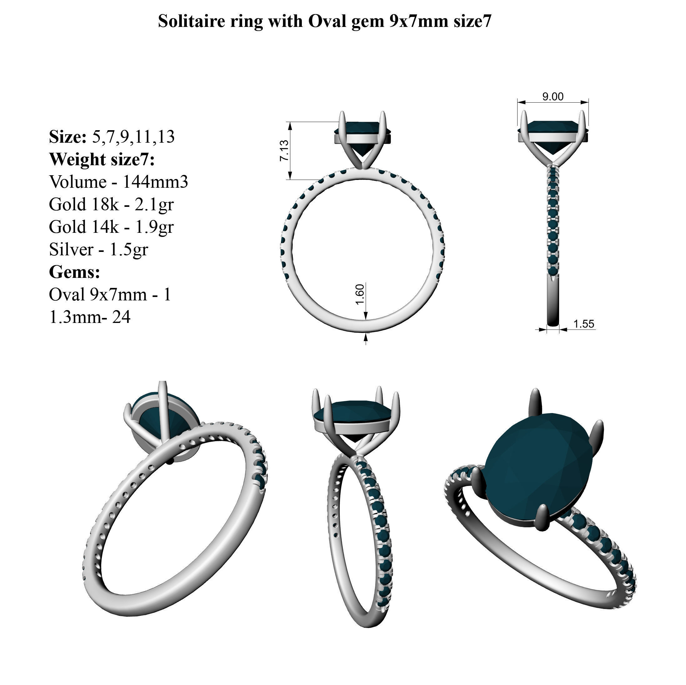 Solitaire ring with Oval gems 10x8 and 9x7mm 3D print model_4