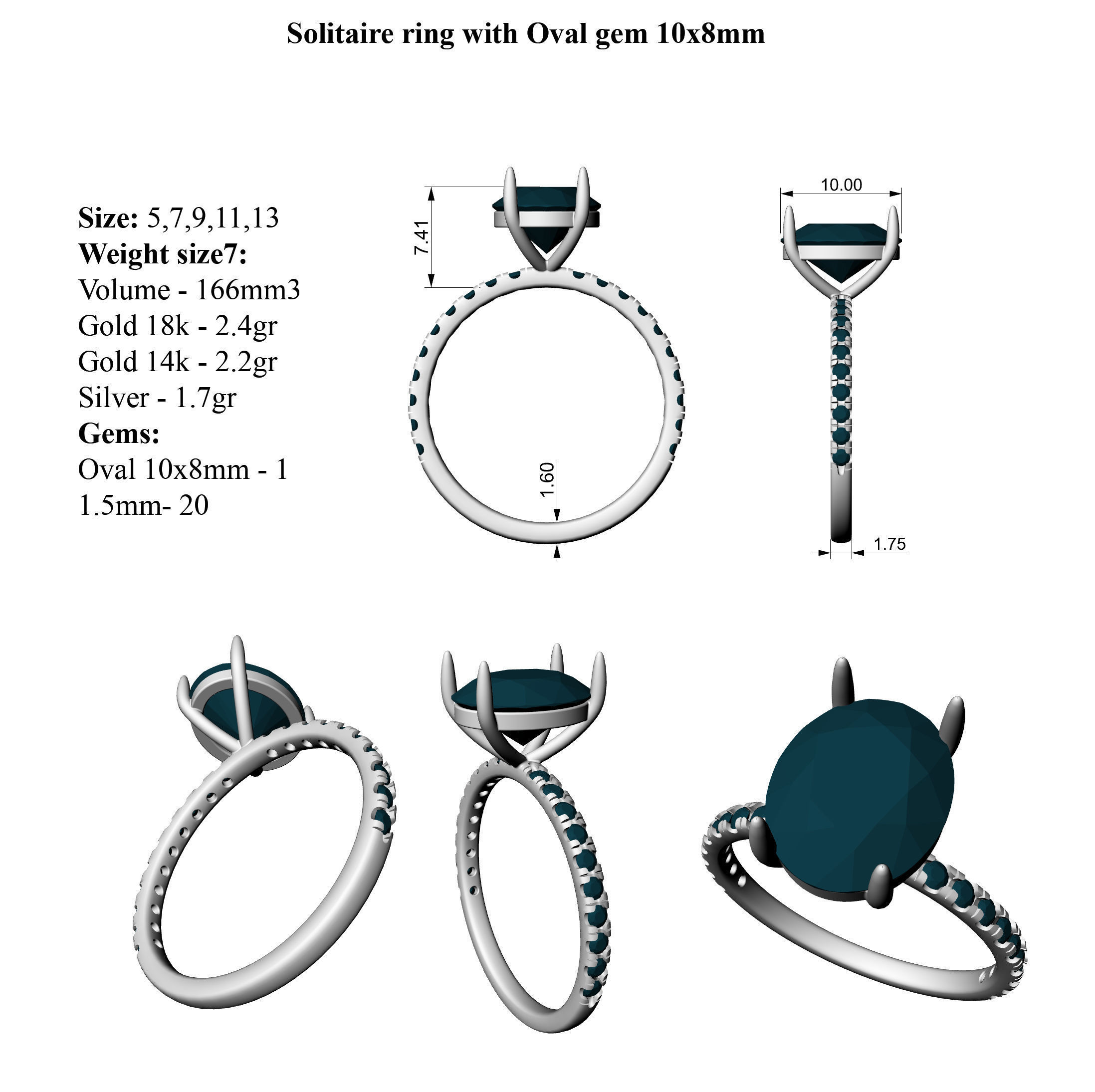 Solitaire ring with Oval gems 10x8 and 9x7mm 3D print model_5