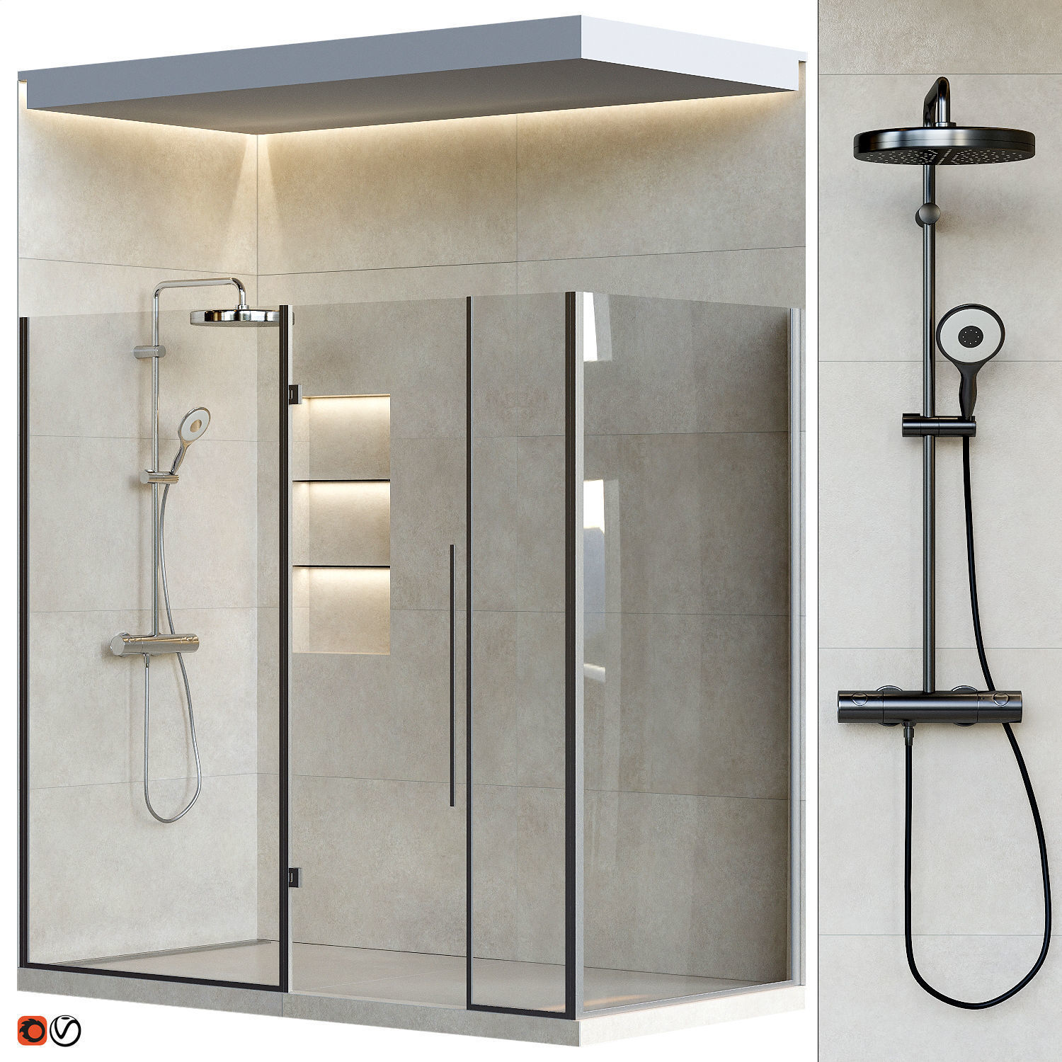 Shower cabin with mixer tap and granite 3D model_1
