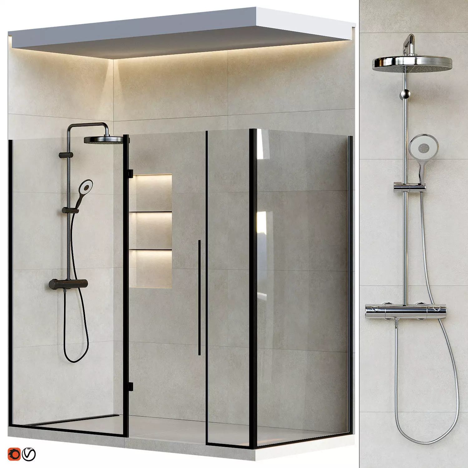 Shower cabin with mixer tap and granite 3D model_0