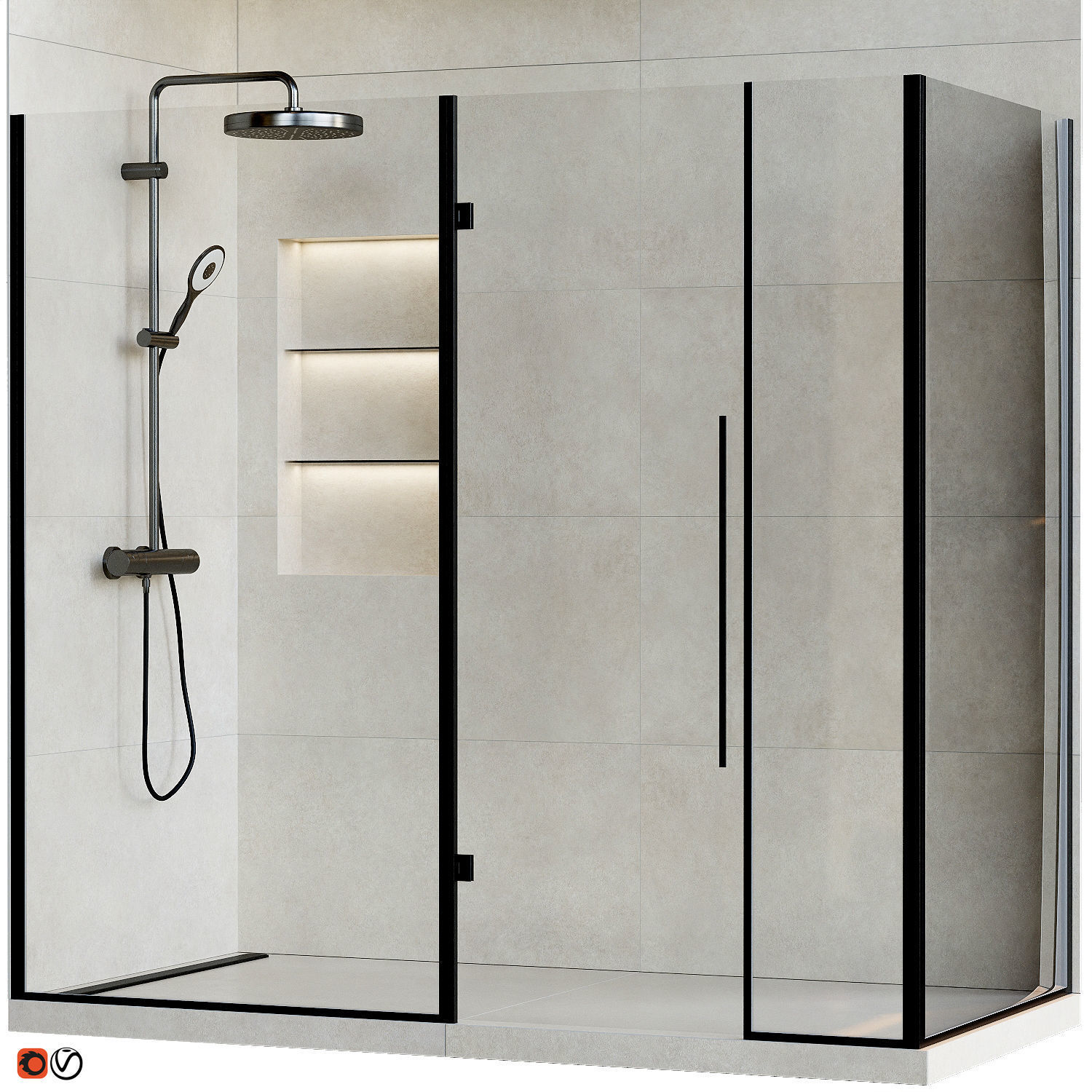 Shower cabin with mixer tap and granite 3D model_3