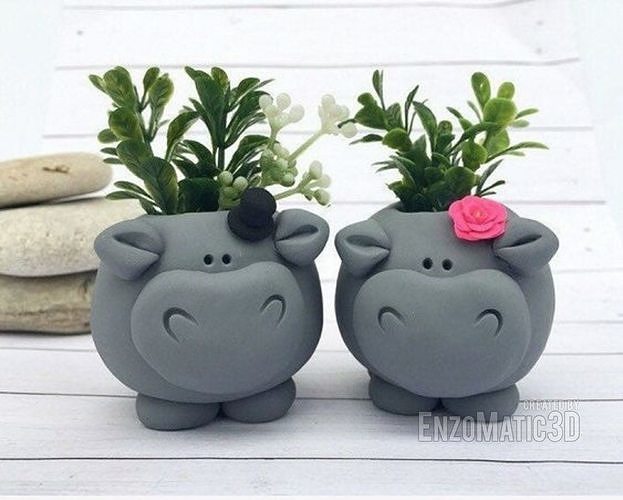 flowerpot hippos in love pencil holder STL file for 3D printing 3D print model