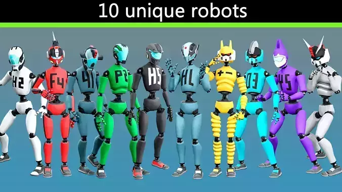 10 unique robots Low-poly 3D model