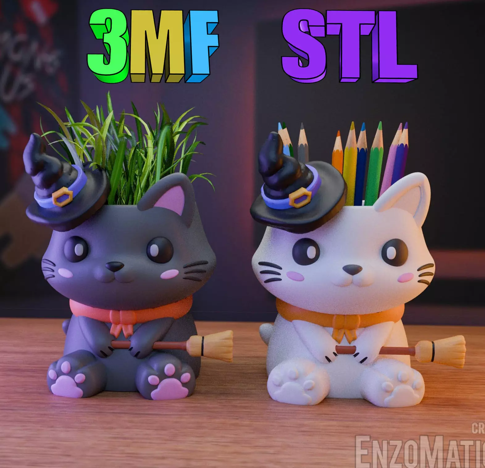 flower pot halloween witch cat pencil holder STL 3MF 3D print model
