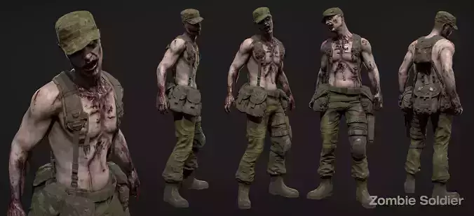 zombie soldier 3D model low poly with PBR textrures