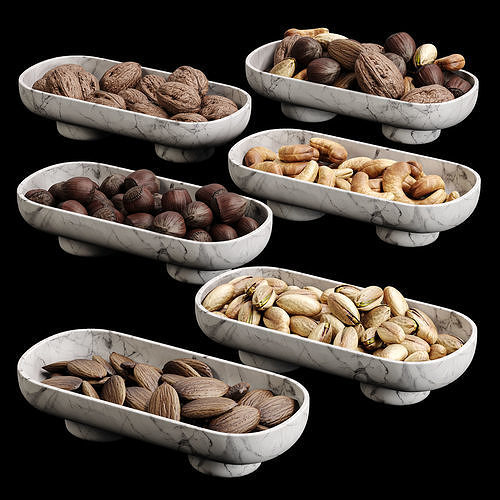 Marble Serving Bowls with Assorted Nuts 3D model 4