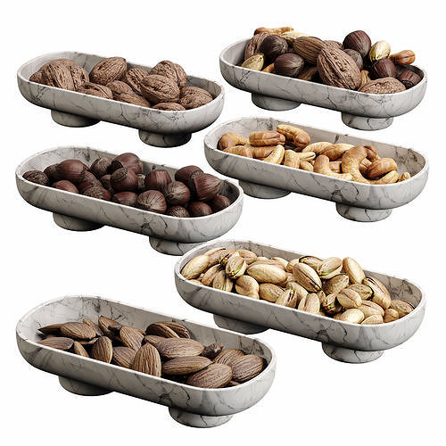 Marble Serving Bowls with Assorted Nuts 3D model 2