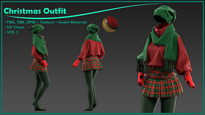 female Christmas outfit with texture and smart material 3D model