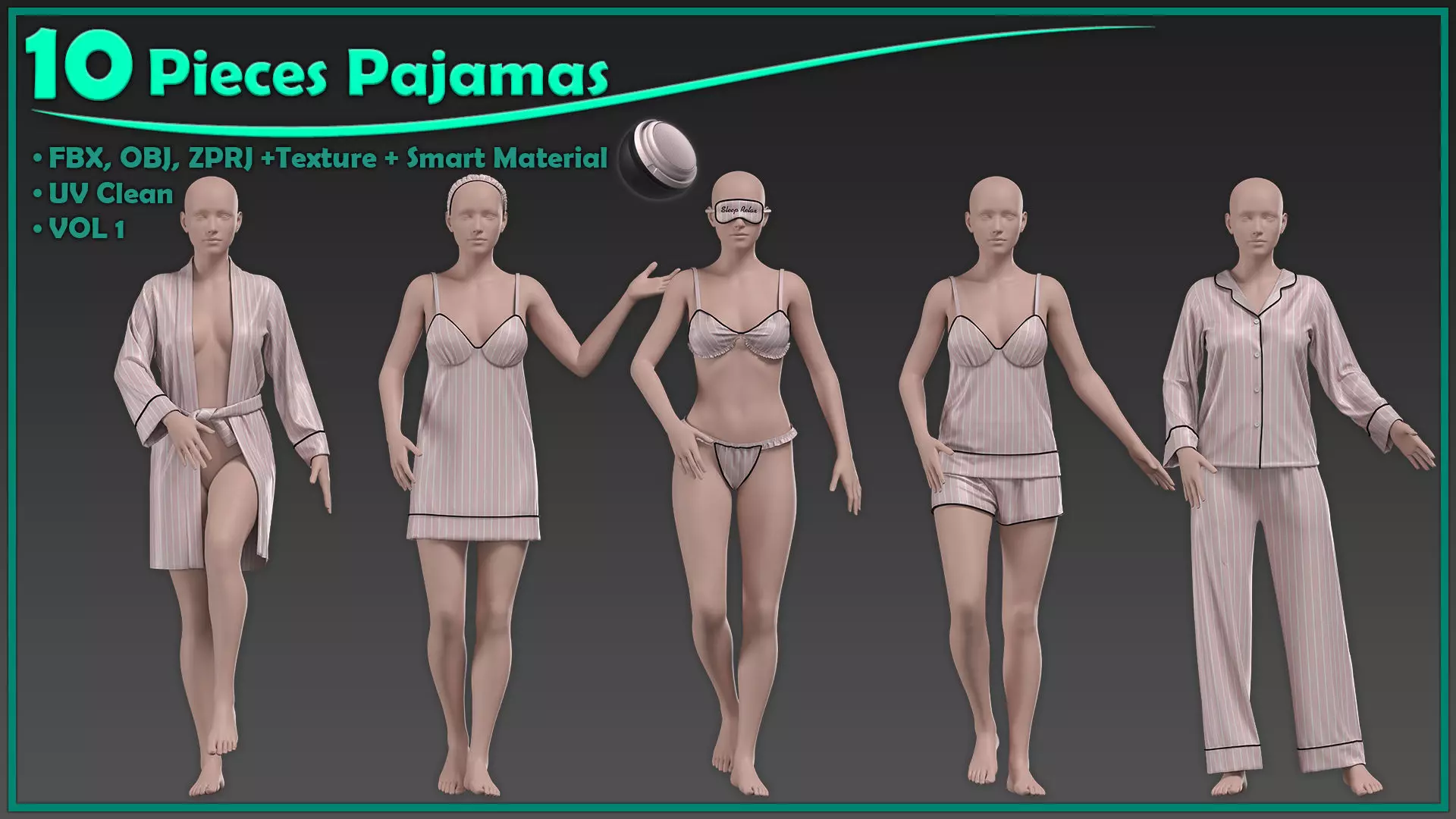 10 pieces female pajamas with texture and smart material 3D model_0
