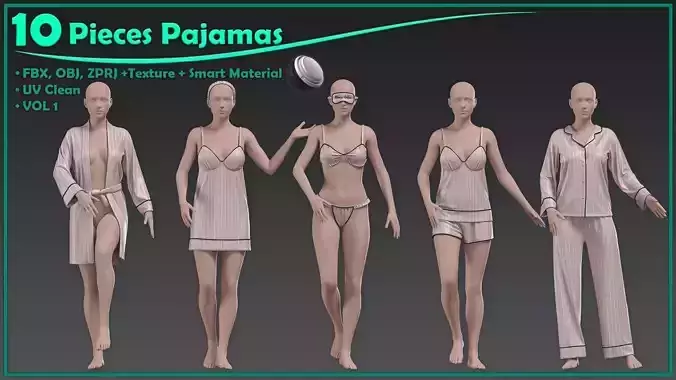 10 pieces female pajamas with texture and smart material 3D model