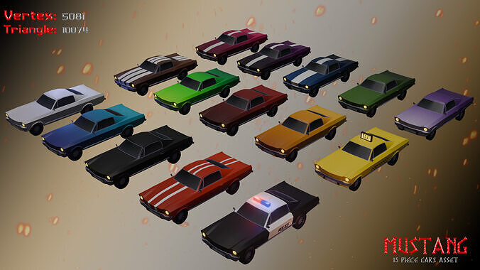 Lowpoly Car Mustang Pack  15 Variants Game Ready FBX Blender Low-poly 3D model