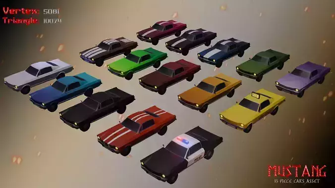 Lowpoly Car Mustang Pack  15 Variants Game Ready FBX Blender