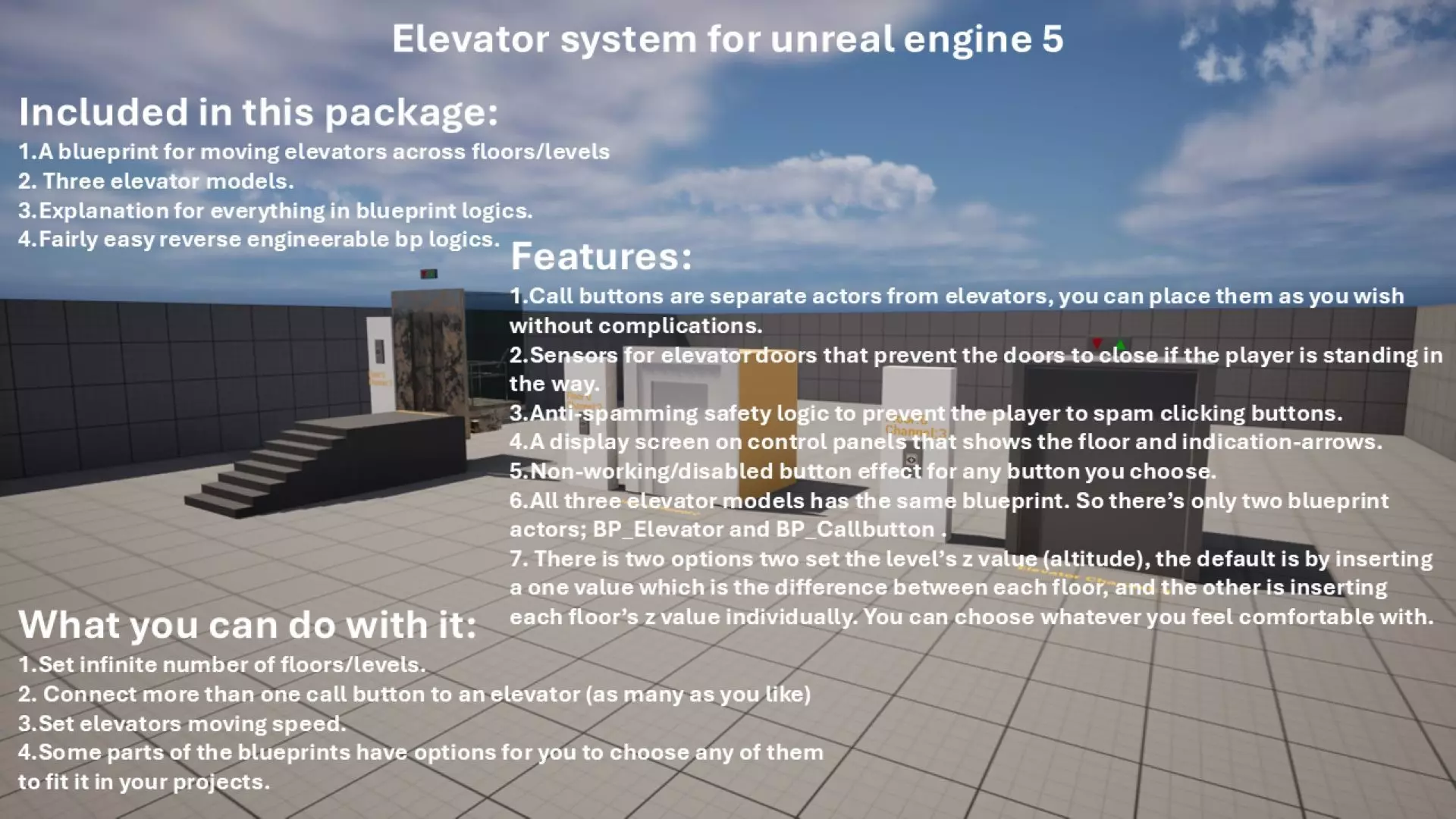 Elevator blueprint system for UE5 Low-poly 3D model