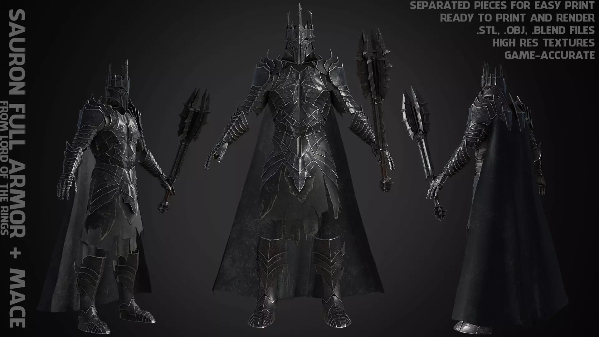 LOTR Dark Lord Sauron Full Armor and Mace for Cosplay 3D Model Collection_0