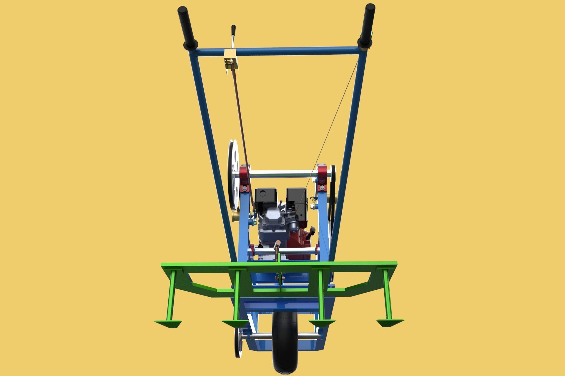 HAND WALKING BEHIND TRACTOR PLOW PETROL ENGINE CART DIY HOMEMADE 3D model_2