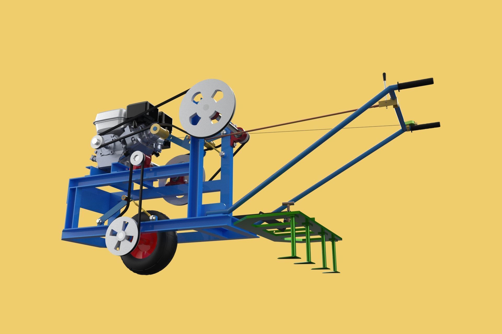 HAND WALKING BEHIND TRACTOR PLOW PETROL ENGINE CART DIY HOMEMADE 3D model_14