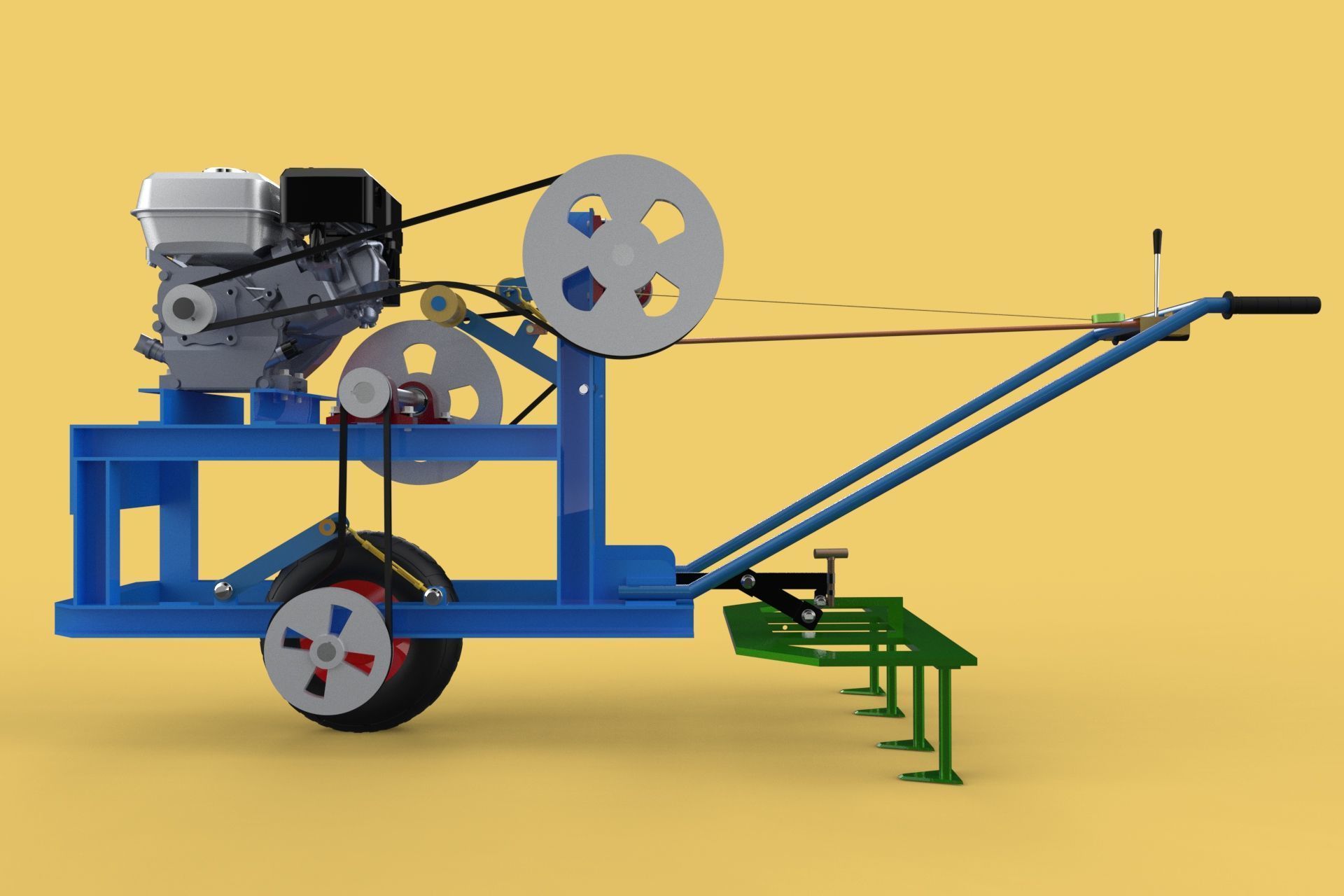 HAND WALKING BEHIND TRACTOR PLOW PETROL ENGINE CART DIY HOMEMADE 3D model_11