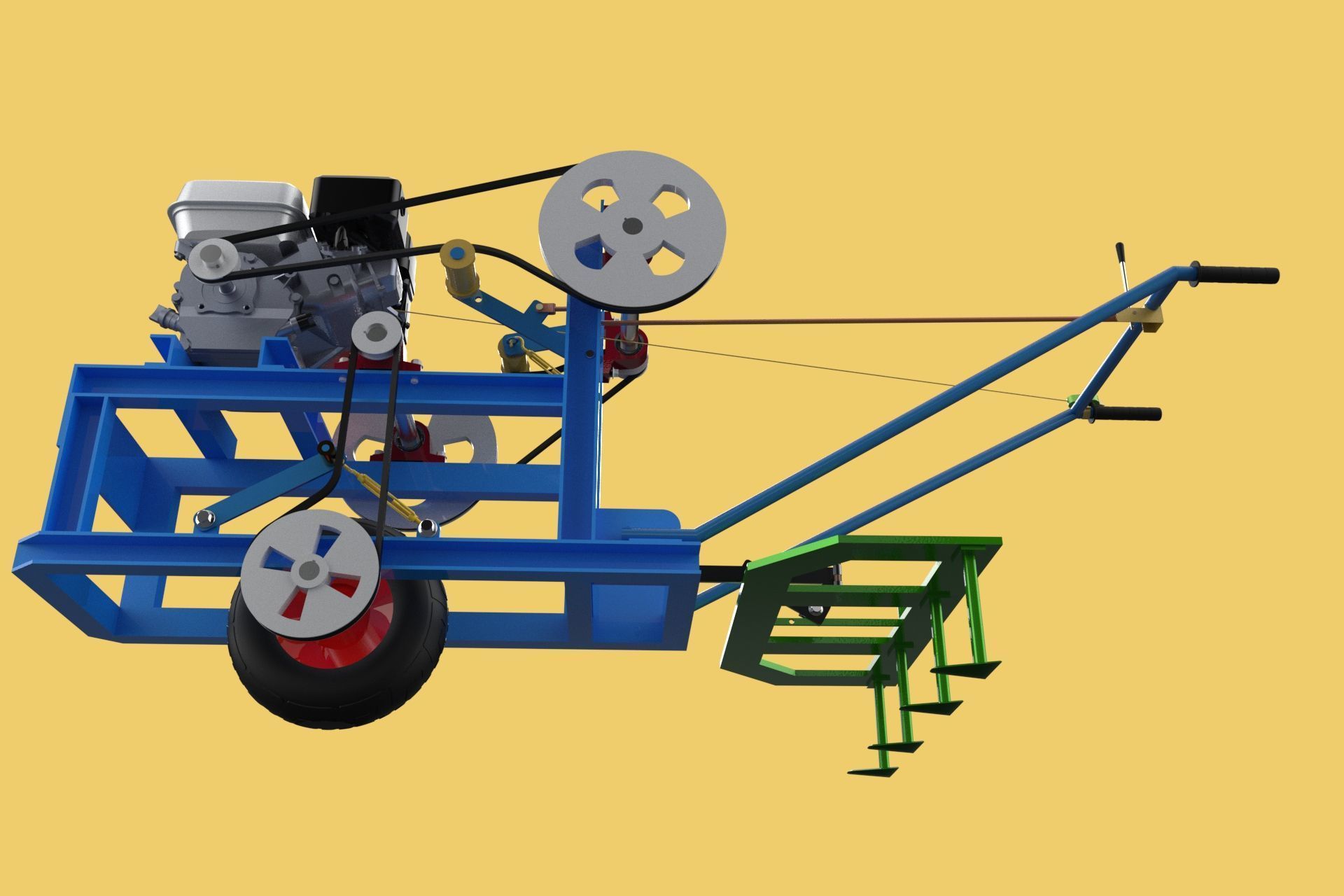 HAND WALKING BEHIND TRACTOR PLOW PETROL ENGINE CART DIY HOMEMADE 3D model_22