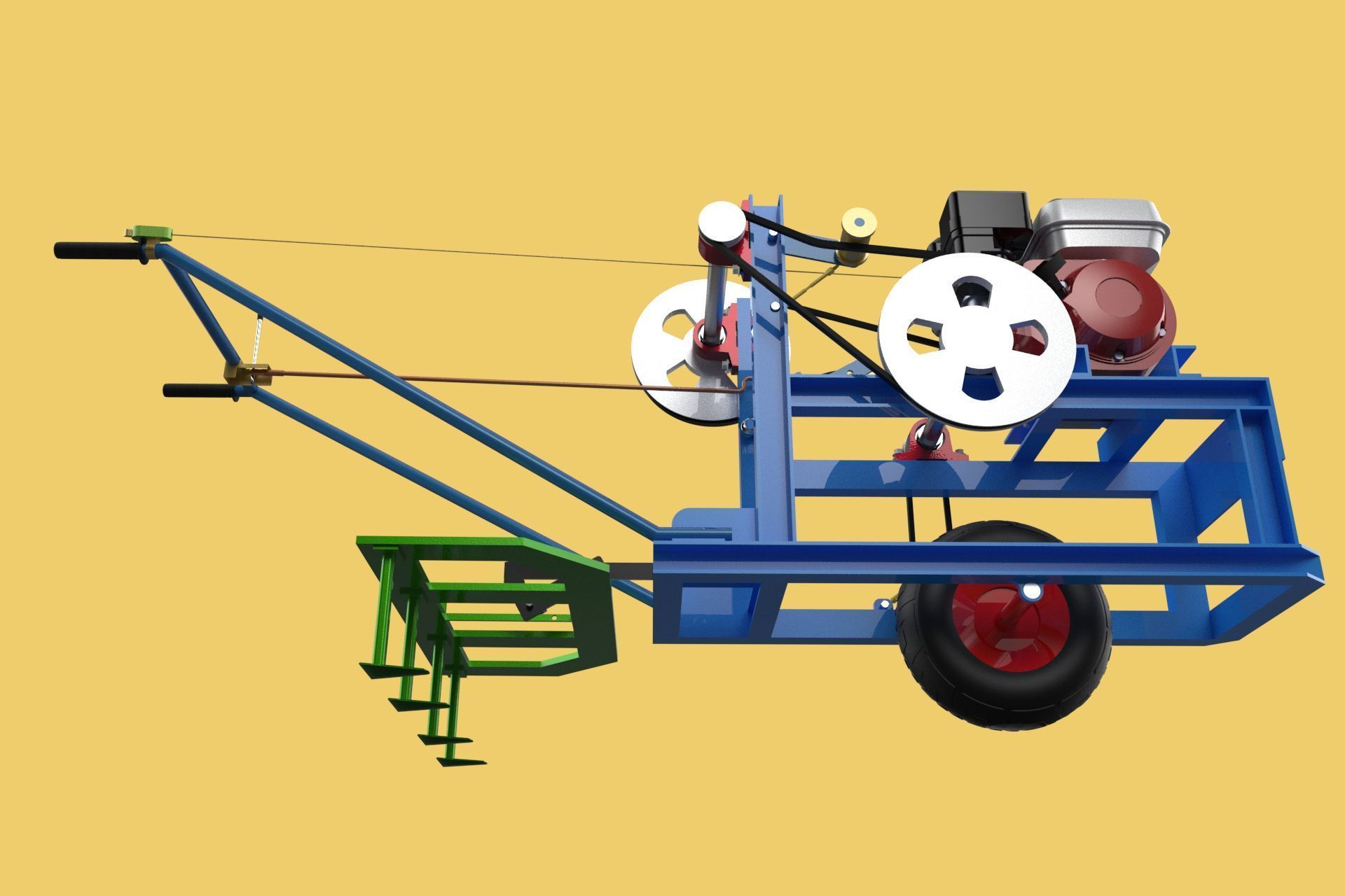 HAND WALKING BEHIND TRACTOR PLOW PETROL ENGINE CART DIY HOMEMADE 3D model_28