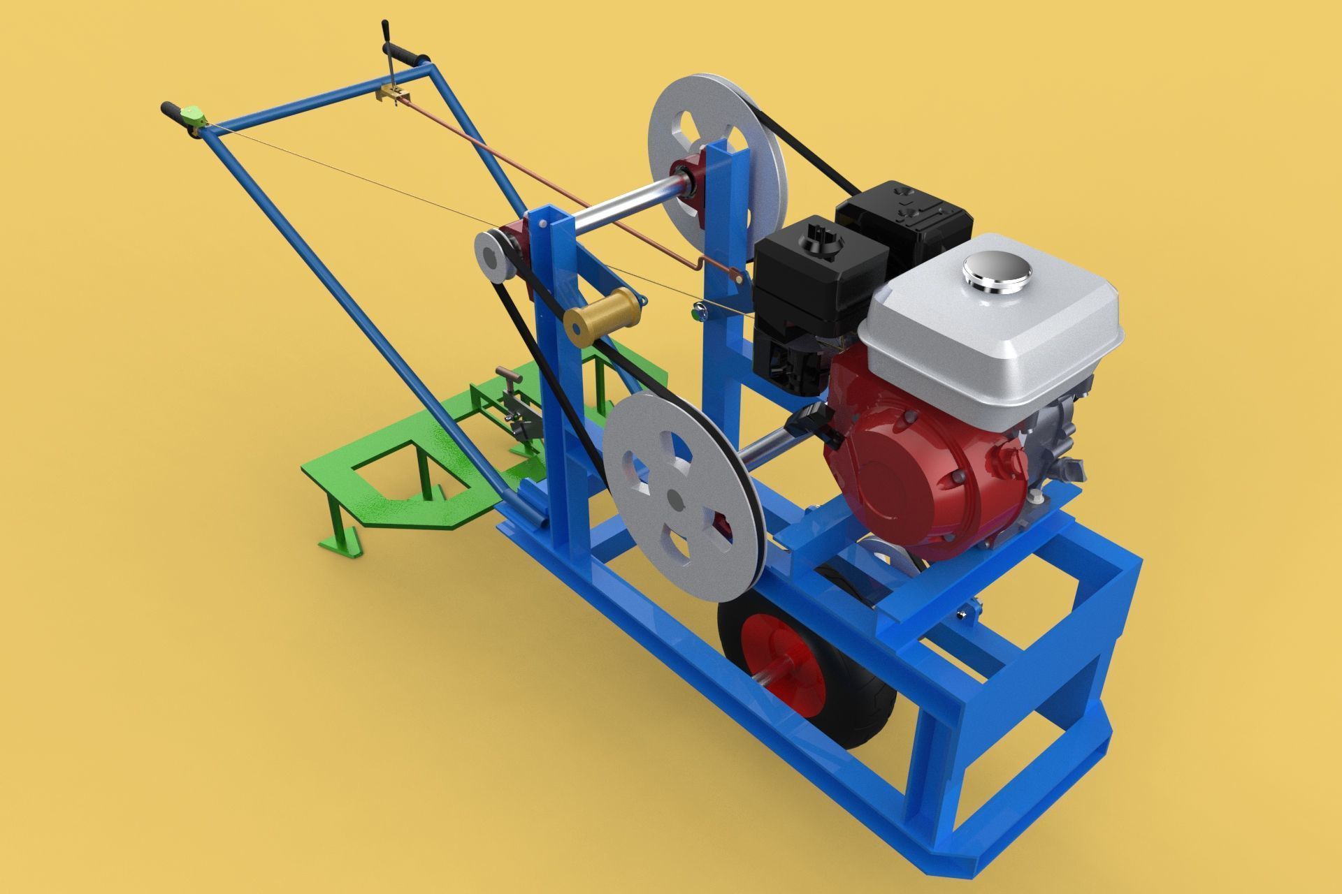 HAND WALKING BEHIND TRACTOR PLOW PETROL ENGINE CART DIY HOMEMADE 3D model_5