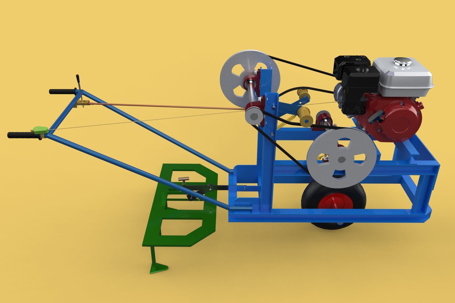 HAND WALKING BEHIND TRACTOR PLOW PETROL ENGINE CART DIY HOMEMADE 3D model_27