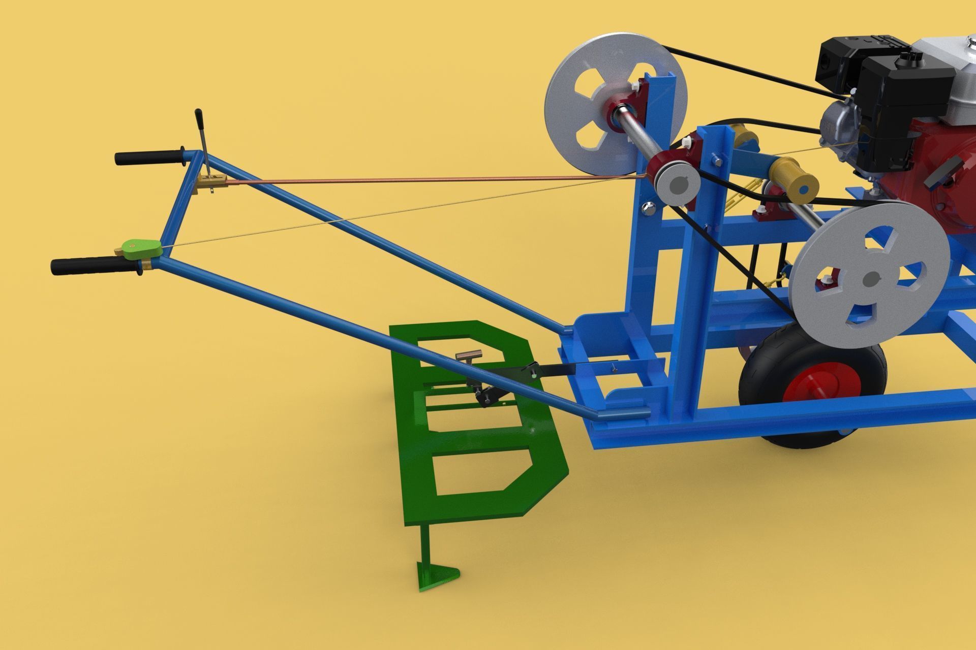 HAND WALKING BEHIND TRACTOR PLOW PETROL ENGINE CART DIY HOMEMADE 3D model_24