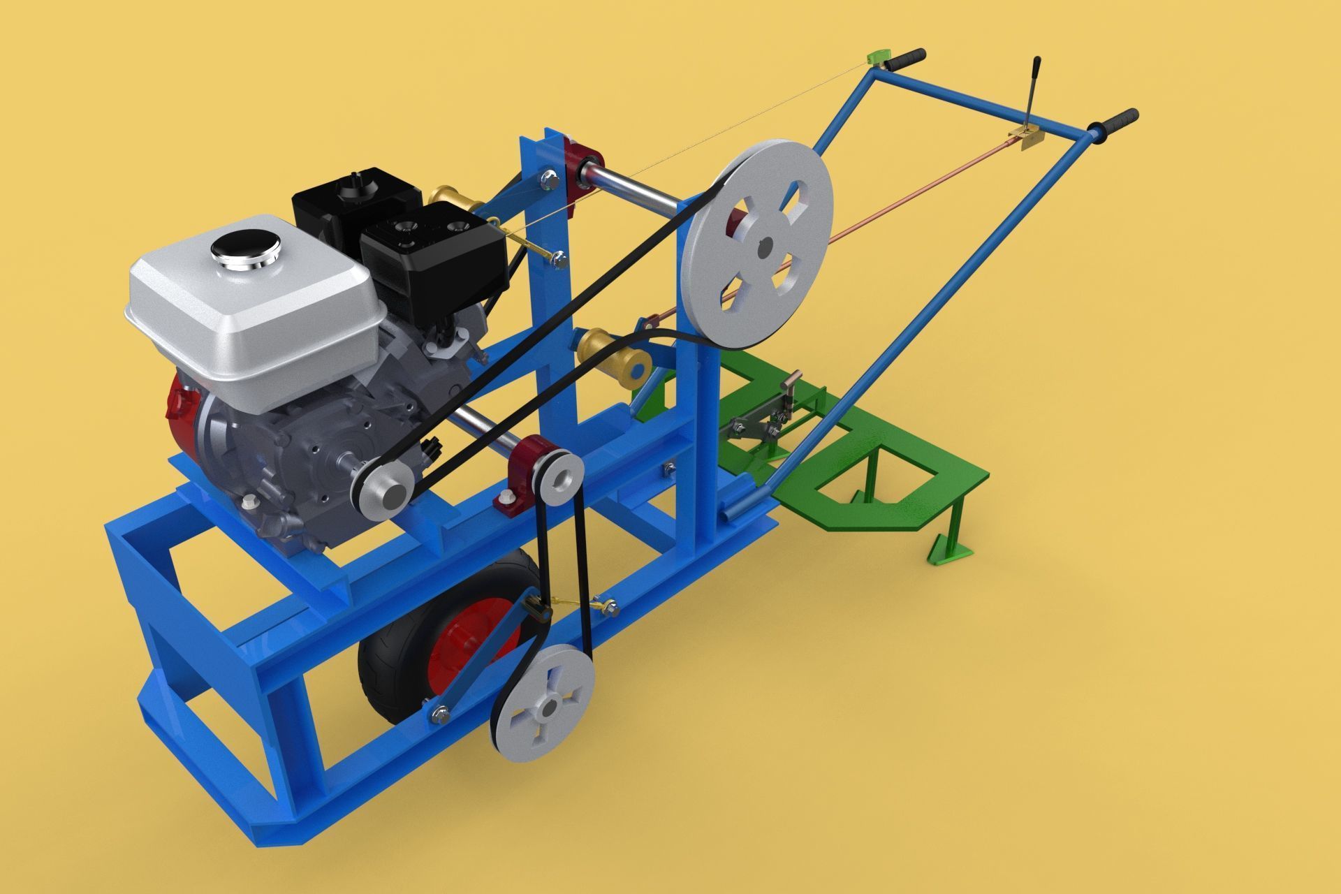 HAND WALKING BEHIND TRACTOR PLOW PETROL ENGINE CART DIY HOMEMADE 3D model_4