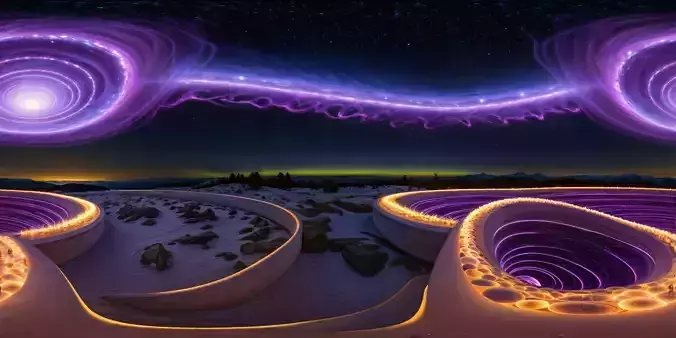 8K HDR Violet Light Spirals and Floating Alien Rings Background