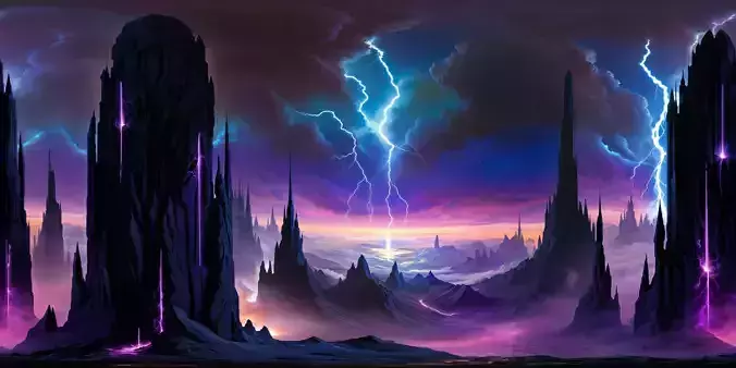 8K HDR Obsidian Spires in Violet Energy Storms Background