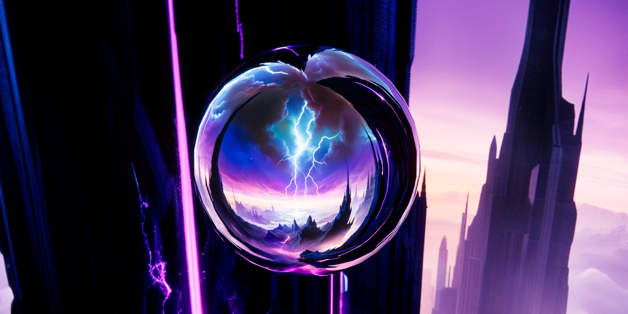 8K HDR Obsidian Spires in Violet Energy Storms Background 3D model_2