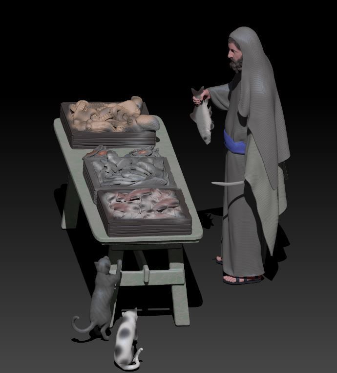 fish seller and cats 3D print model_2
