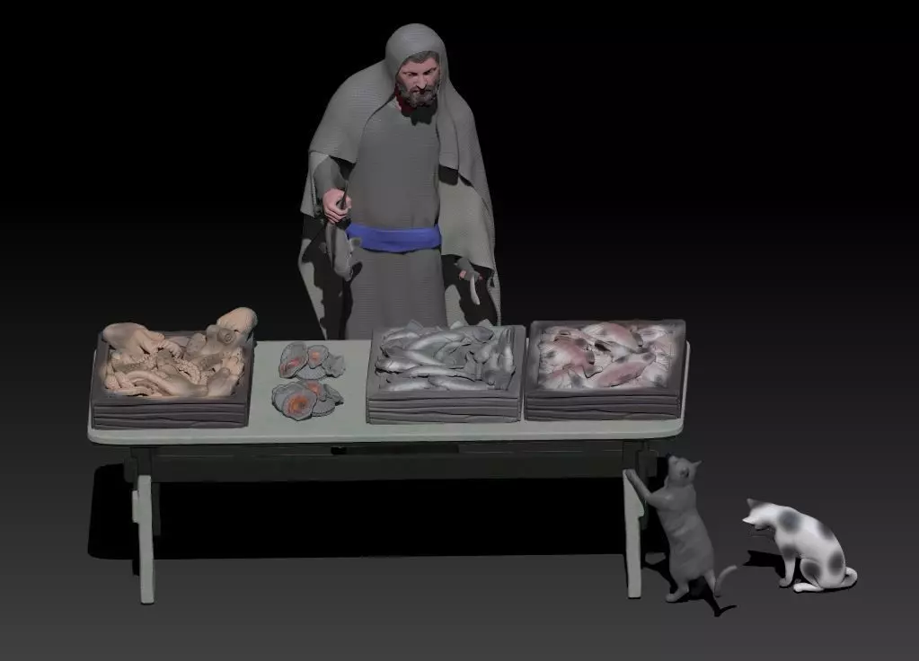 fish seller and cats 3D print model_0