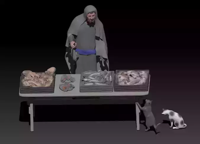 fish seller and cats 3D print model