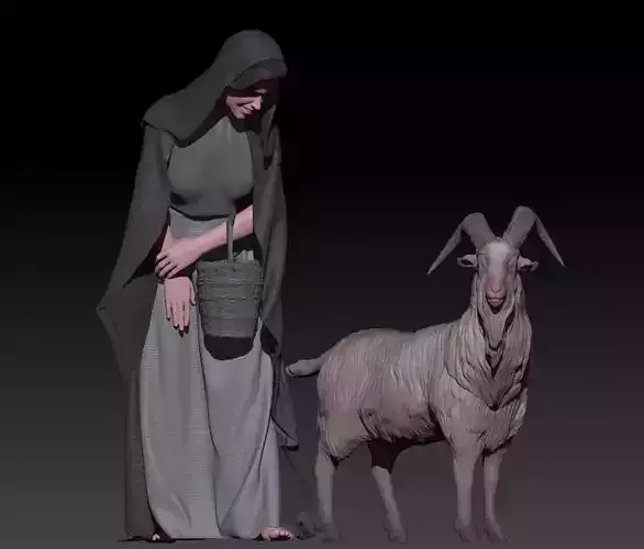 woman with basket and male goat 3D print model