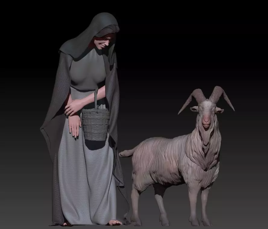 woman with basket and male goat 3D print model_0