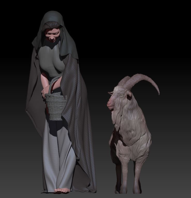 woman with basket and male goat 3D print model_1